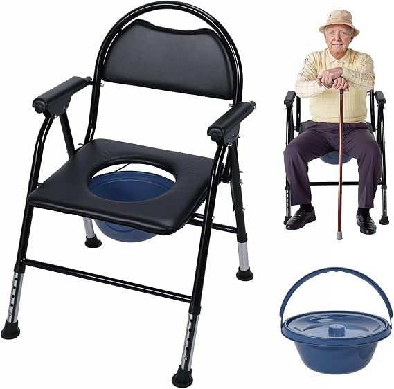 Portable Toilet, Folding Bedside Commode Chair for Adults, Extra Wide Seat with Backrest, 5-Level Adjustable Height, Detachable Commode Bucket with Paper Holder for Home Care 150kg Capacity