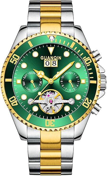 GUANQIN Vintage Men Skeleton Multifunctional Automatic Self-Wind Mechanical Wrist Watch Sapphire Crystal Business Double-Sided Hollow Waterproof Clock Man Luminous Stainless Steel Wristwatch
