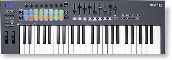 Novation FLkey 49 USB MIDI Controller Keyboard | USB-C, 49 Semi-Weighted Keys, 16 Pads, Faders, 8 Encoders, Pitch/Mod Wheels, Scale Mode, 5-Pin MIDI Out, FL Studio