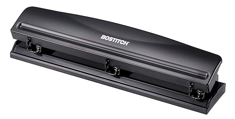 Bostitch Office 3 Hole Punch, Durable Metal, Rubber Base, 12 Sheets, Black