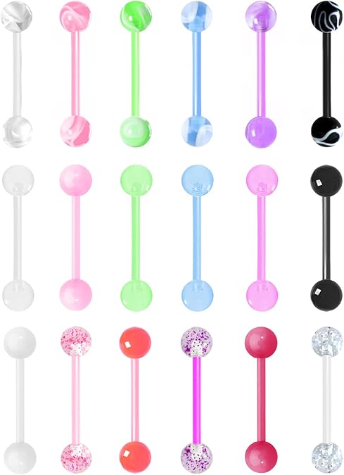 18Pcs 14G Acrylic Tongue Barbells Rings Candy Color Tongue Piercing Jewelry Glow in Dark Plastic Flexible Nipple Ring Straight Barbell for Women Men 16mm