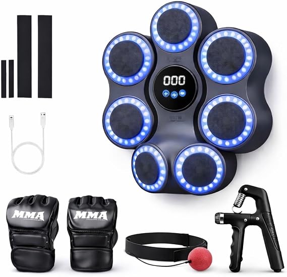 Smart Music Boxing Machine 4 in 1 with LED Punch Targets, Wall Mounted Reaction Trainer Bundle with Boxing Ball Headband, MMA Gloves & Hand Grip Strengthener for Home Fitness Training