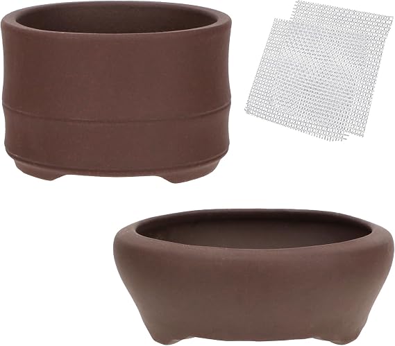 Bonsai Planter 2 pc 3.0" + 3.7" Unglazed Round Ceramic Succulent Pots Set