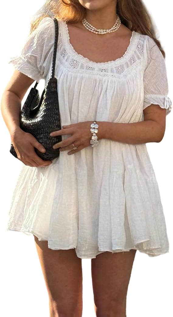 Womens Flowy Puff Short Sleeve Babydoll Mini Dress