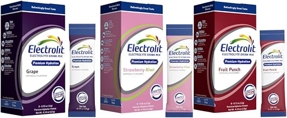 Electrolit Electrolytes Powder Packets, Grape, Strawberry Kiwi & Fruit Punch Bundle, Hydration Packets for Dehydration & Rehydration, Post Workout Drink Mix, Gluten Free Water Enhancer Sticks