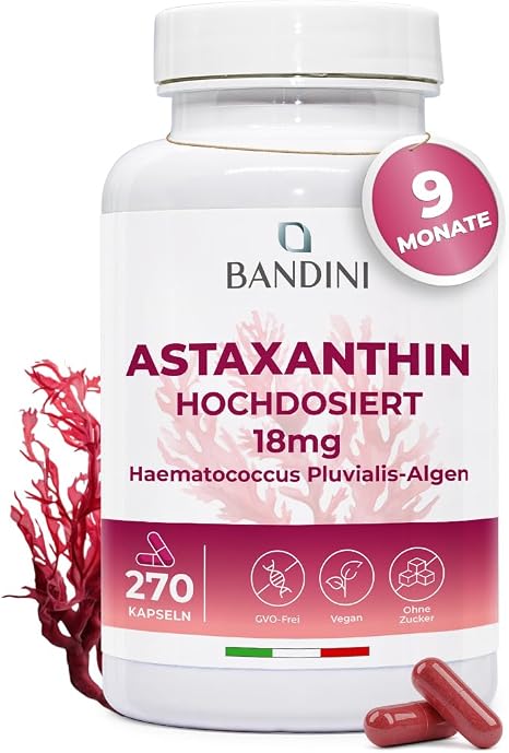 Bandini Pure Astaxanthin 18 mg per capsule 270 capsules 9 months supply (1 capsule per day) algae Haematococcus Pluvialis - natural astaxanthin free from magnesium stearate GMO-free 100% vegan