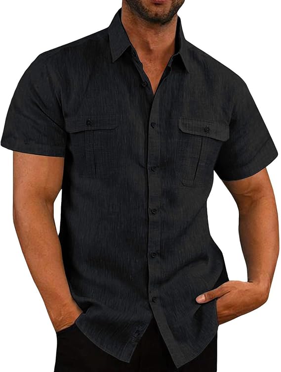 Mens Shirts Casual Stylish Short Sleeve Cotton Linen Button Down Shirt Fashion Lightweight Solid Beach Work Shirt