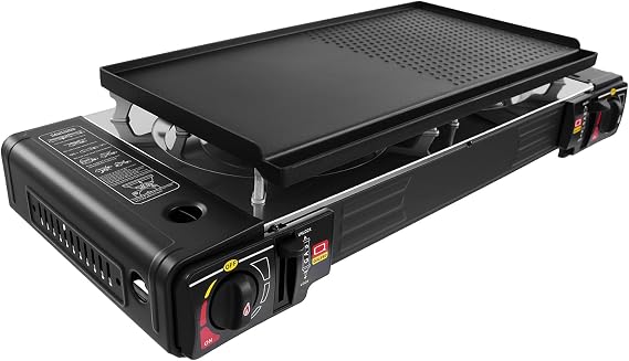 Portable Butane Camping Stove with Grill Pan & Carrying Case - 2 Burner High Power Outdoor Gas Stove for Backyard, Camping, Beach BBQ & Picnics