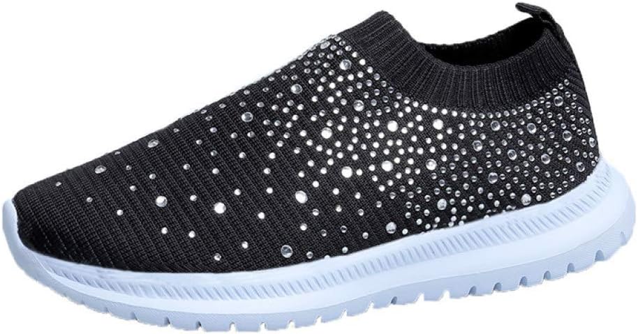 HINDOLA Women's Mesh Walking Shoes Rhinestone Glitter Slip On Ballroom Jazz Latin Dance Sock Sneakers Casual Shoes