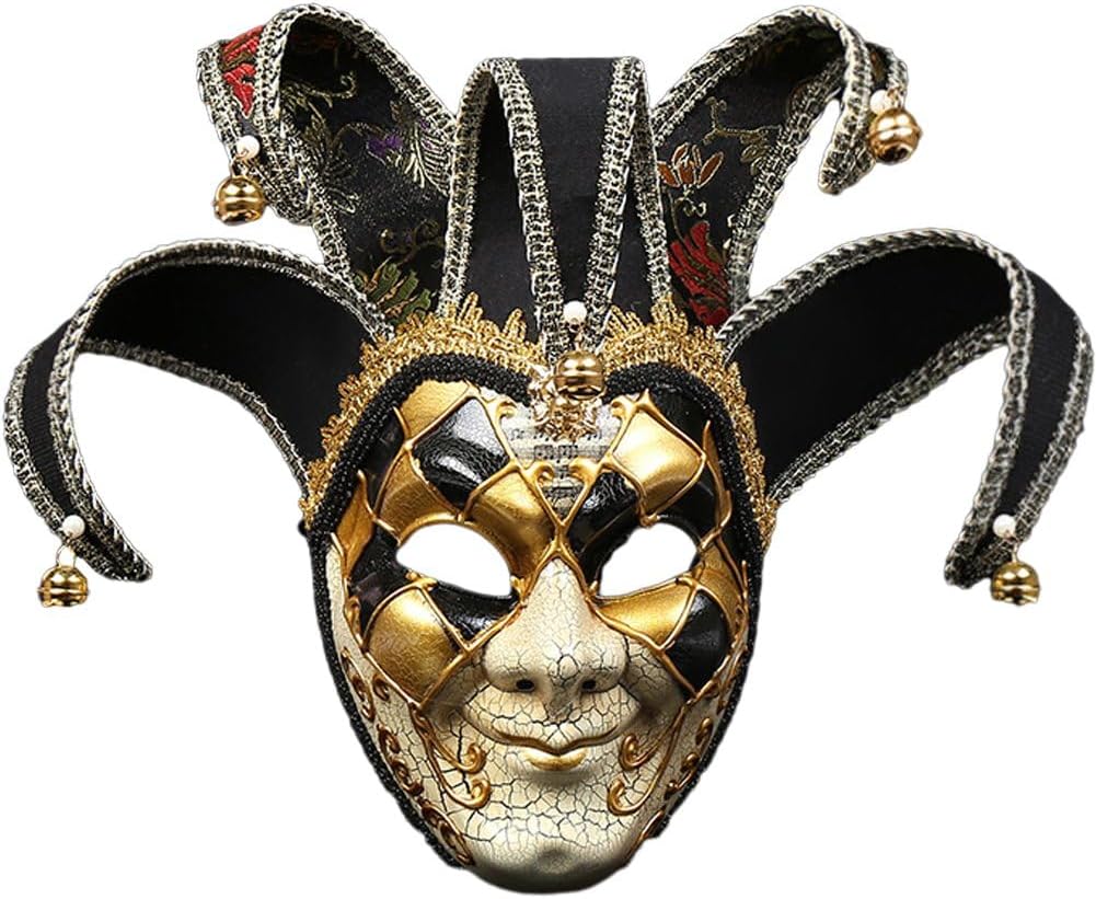 Venetian Masquerade Mask Full Face Clown Mask Men Mask Carnival Costume Cosplay Dress Up Accessories for Men Performance Party Black