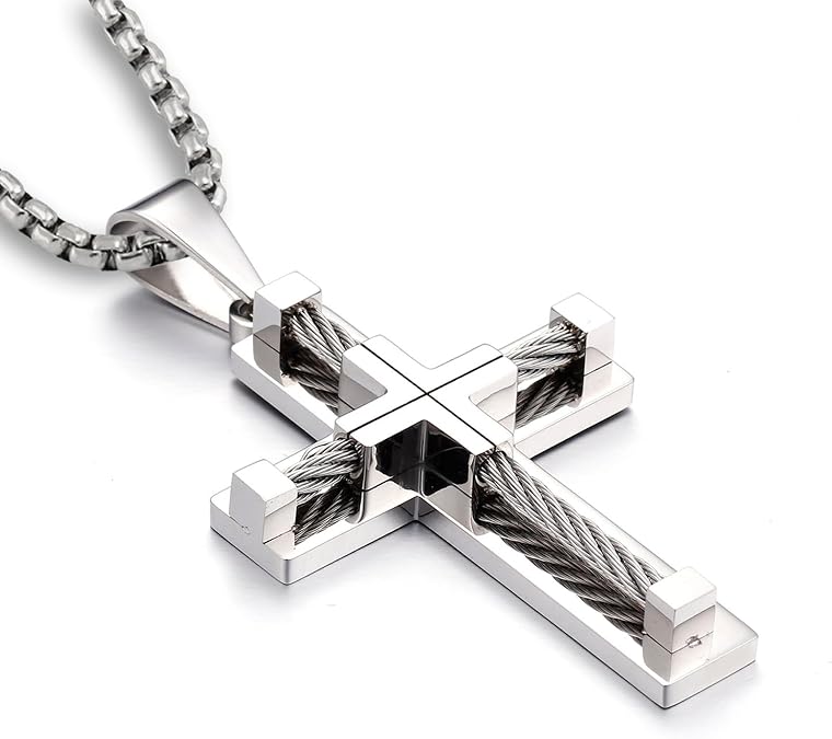 YL Men's Cross Necklace 316L Stainless Steel Large Jesus Christ Pendant Jewelry Rolo Chain for 24