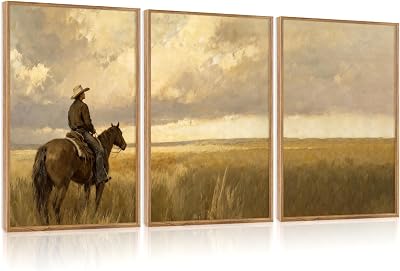 Aurlan Western Cowboy Framed Wall Art16x24, 3PCS Vintage Neutral Southwestern Horse Riding Canvas Artwork, Mid Century Modern Ranch Gobi Desert Landscape Decor for Man Cave Bedroom