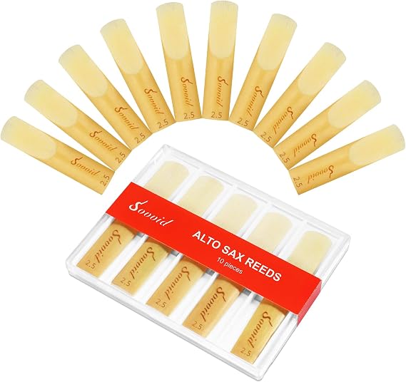 10 Pack Professional Alto Saxophone Reeds With Plastic Box, Strength 2.5, Laser Engraved Marking & Thinner Tip for Easy Play, Traditional Sax Reeds