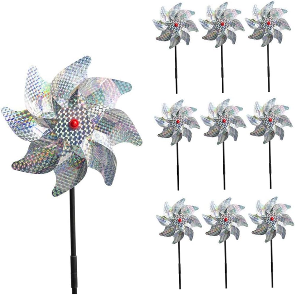 Reflective Bird Repellant Windmills Holographic Bird Deterrent Pinwheels to Scare Off Birds Protect Garden Crop Fruits Flowers, Pack of 10 Bird Scarers for Gardens Bird Deterrents Pigeon Deterrent
