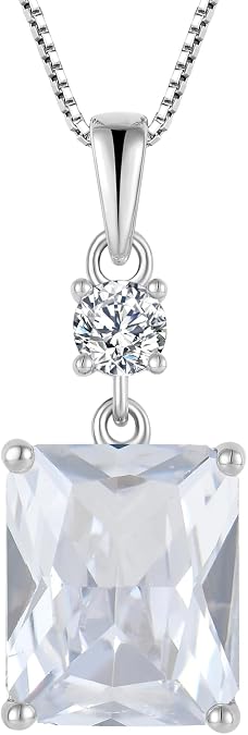 YL 12x10mm Cushion Square Princess Emerald Cut Necklace for Women, Solid Sterling Silver 18K White Gold Plated Birthstone Pendant Box Chain Jewelry