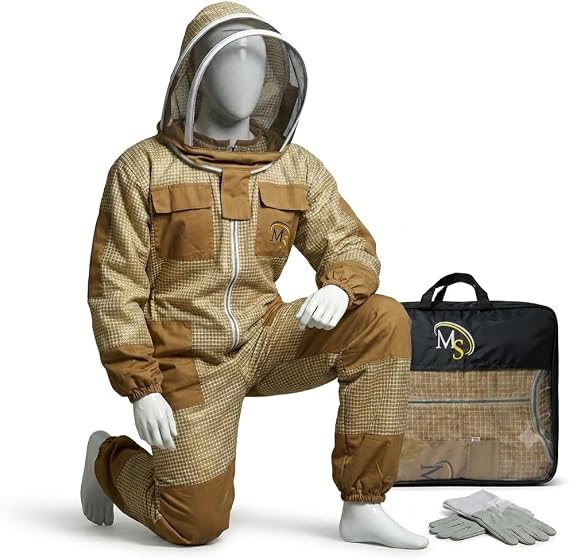 MS Breathable Ventilated 3Layers Beekeeping Suit with Fencing Veil & Protective Gloves Full Body Beekeeper Suit