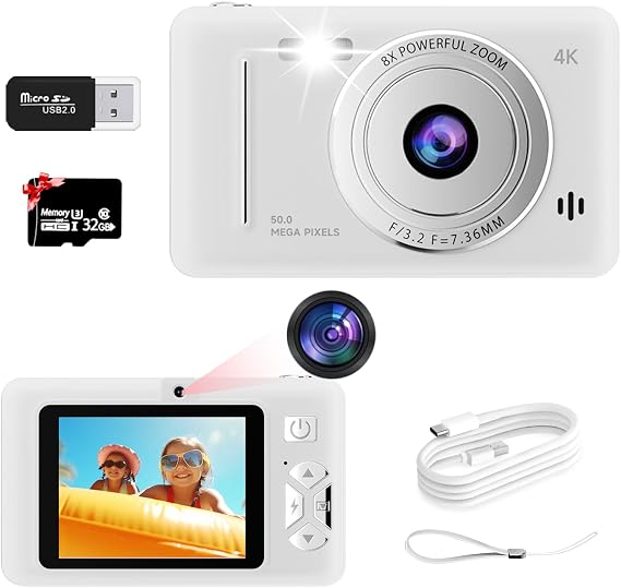 Digital Camera Digicam UHD 4K Video Recording Photo 48 Million Pixels Dual Camera Front and BackToy Camera for Girls/Boys Kids Camera with 32G Card Included Image Stabilization Self-Timer Continuous