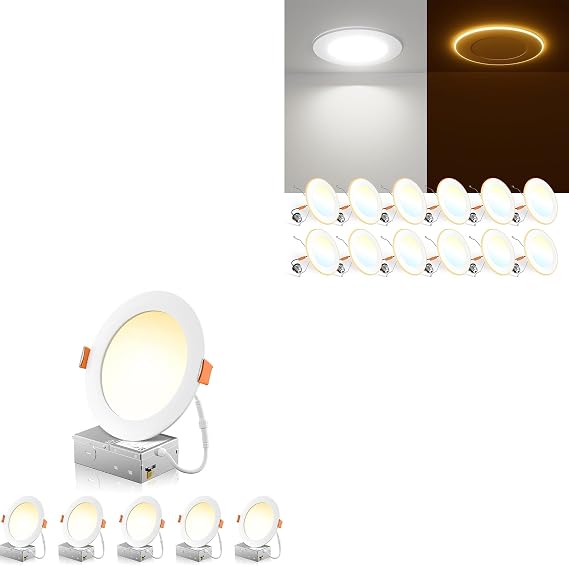 FREELICHT 6 Inch 5CCT Ultra-Thin LED Recessed Ceiling Light and Can Light with Night Lights, Total 18 Pack 2700K/3000K/3500K/4000K/5000K/6000K Selectable, 1050LM Brightness, Dimmable Canless Wafer Dow