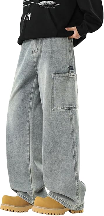 PADOLA Baggy Jeans Men's Elastic Waist with Button Loose Fit Jeans with Multiple Pockets Y2K Vintage Cargo Trousers Wide Leg Flared Jeans Denim Work Trousers Casual Streetwear