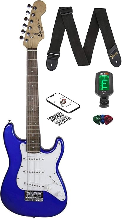 Fender Squier 3/4 Size Kids Mini Strat Electric Guitar Learn-to-Play Bundle with Tuner, Strap, Picks, Fender Play Online Lessons, and Austin Bazaar Instructional DVD - Imperial Blue