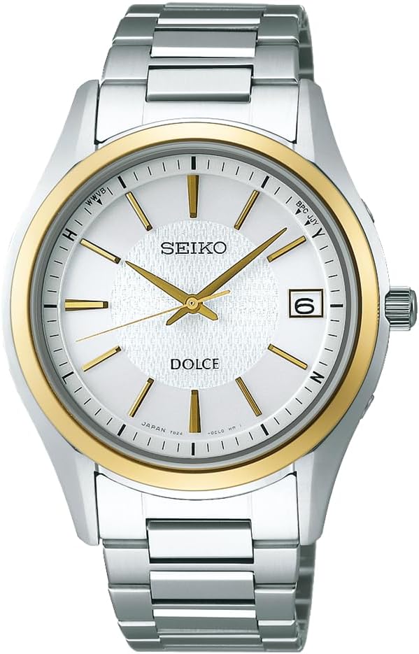 DOLCE SADZ188 Mens Watch, Made in Japan, Solar Radio, Full Auto Calendar Date, Water Resistant to 10 ATM, Dress Design, Silver & Yellow Gold Dial, White, Pure Titanium Case and Band