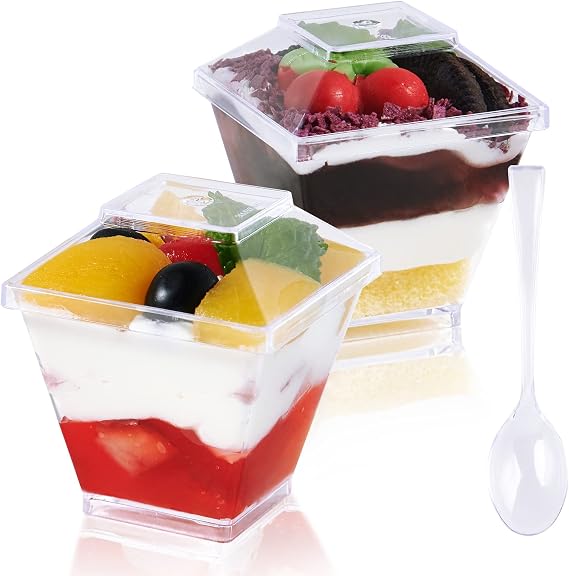 JOLLY CHEF 2 oz Mini Dessert Cups with Spoons and Lids, Square 100 Pack