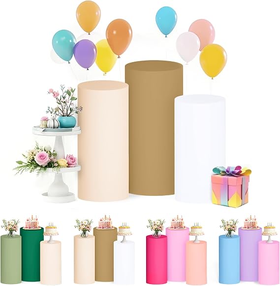 FUHSY Set of 3 Cylinder Stand Covers Pedestal Covers Multicolor Brown Spandex Cylinder Pedestal Stand Cover Cylinders Plinth Linen Cover for Baby Shower Birthday Party Wedding Ceremony Decorations
