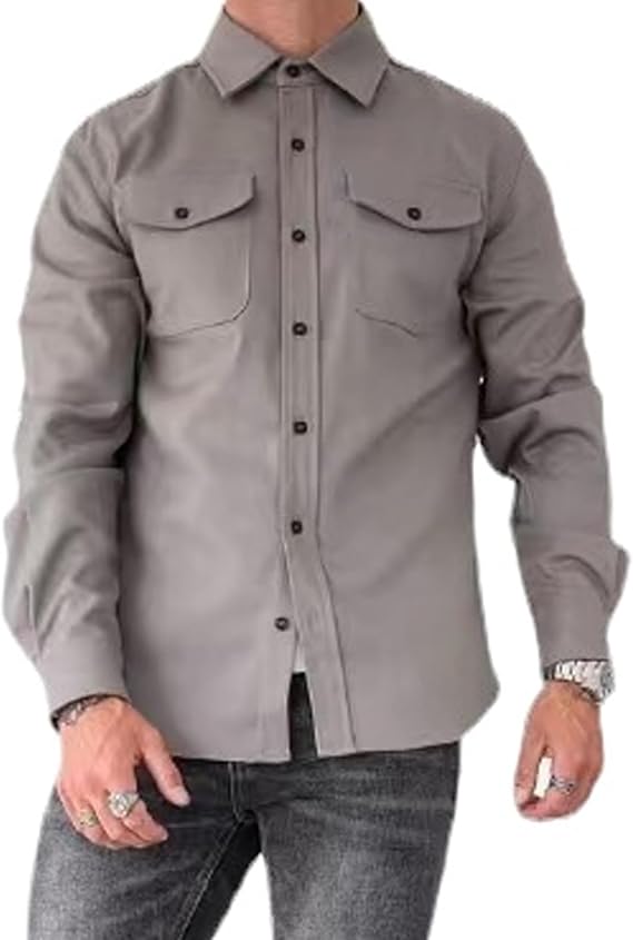 Men's Button Down Shirt Jacket, Casual Brushed Shirt Slim-Fit Long-Sleeve Work Coat Button Down Overshirt for Men