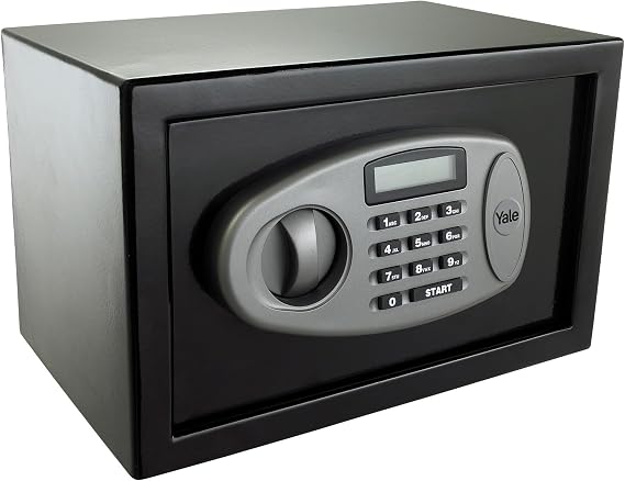 Yale Y-SS0000NFP Small Digital Safe, Steel Construction, Steel Locking Bolts, LCD Display, Emergency Override Key, Wall And Floor Fixings, Black Finish, 8 Litre Capacity 20 x 31 x 20 cm
