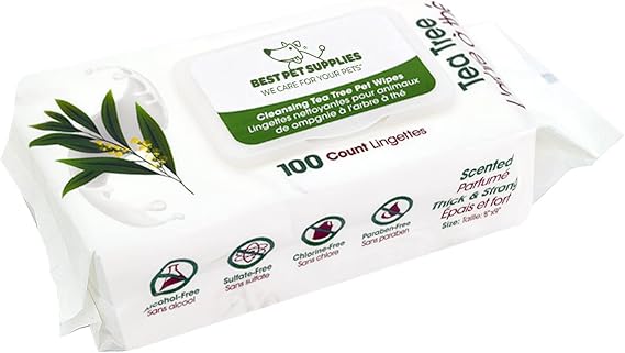 Best Pet Supplies Pet Grooming Wipes for Dogs & Cats,Deodorizer for Coats & Dry, Itchy, or Sensitive Skin, Clean Ears, Paws, Body, Butt - Cleansing Tea Tree