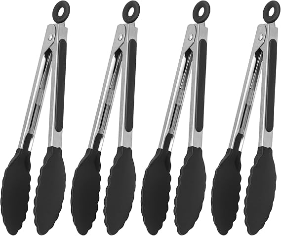 Serving Tongs Kitchen Tongs - Heat Resistant, Premium Stainless Steel Locking Cooking Tongs with Silicone Tips, Non-Slip Food Tongs for Cooking, Heavy Duty, Non-Stick (7 Inch(4 Pack))