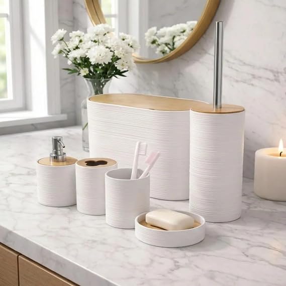 6 Parça Banyo Seti, Bambu Detaylı, 8L Çöp Kovası 24x26x16 cm (Beyaz)