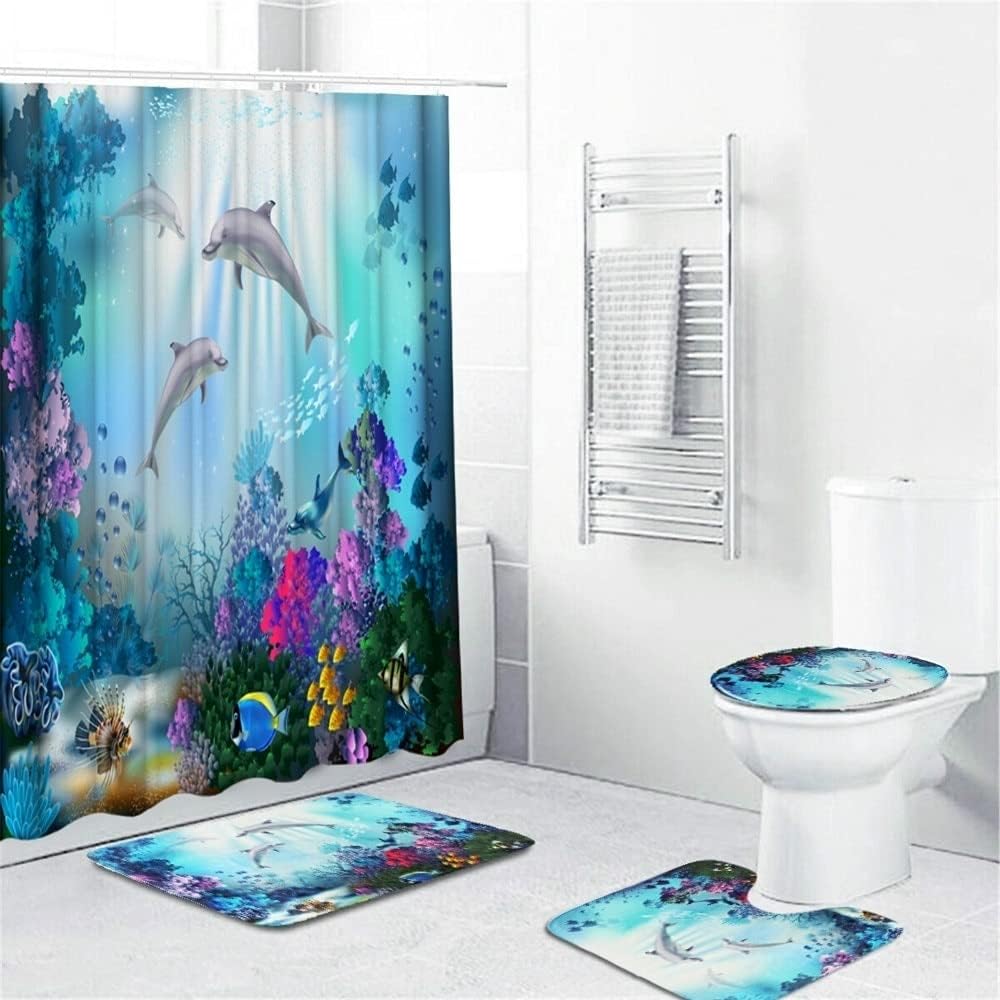 GBHNJ Shower Curtain rods for Bathroom 4pcs Ocean Dolphin Fabric Shower Curtain Set Waterproof Curtains w Hooks Pedestal Rug Lid Toilet Cover Bath Mats Bathroom Decor