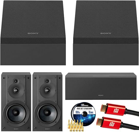 Sony SS-CSEM2 Dolby Atmos Enabled Upfiring Height Speakers, Pair (2025) Bundle with Center Channel Speaker, Bookshelf Speakers (Pair), 100ft Speaker Wire Cable, 5-Pair Banana Plugs and HDMI Cable