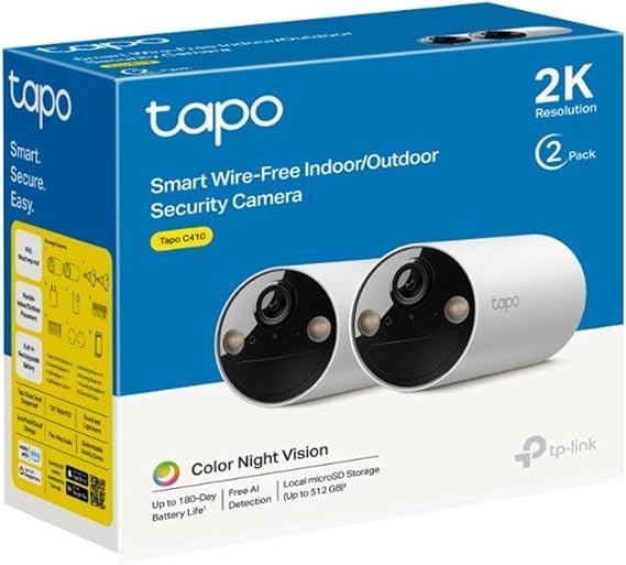 Tapo C410 2-pack, 2K 3MP, Renkli Gece Görüşü, Şarj Edilebilir, Solar Panel Destekli, IP65, Yerel/Bulut Depolama, 110° Açılı, Işıklı ve Sesli Alarm, Kablosuz Bataryalı Güvenlik Kamerası