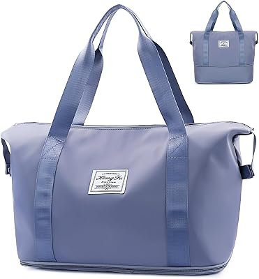 Large Travel Duffel Bag Waterproof Expandable Duffel Gym Tote Bag Weekender Bags with Trolley Sleeve Carry On Overnight Bags for Women Blue