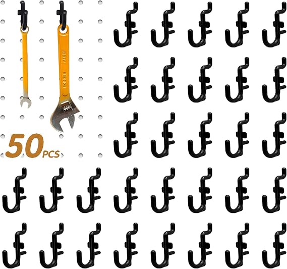 50PCS Pegboard Hooks Plastic Peg Board J Hooks for Hanging Black Pegboard Hooks J Hook Accessories, for 1/4" Pegboards DD017-50