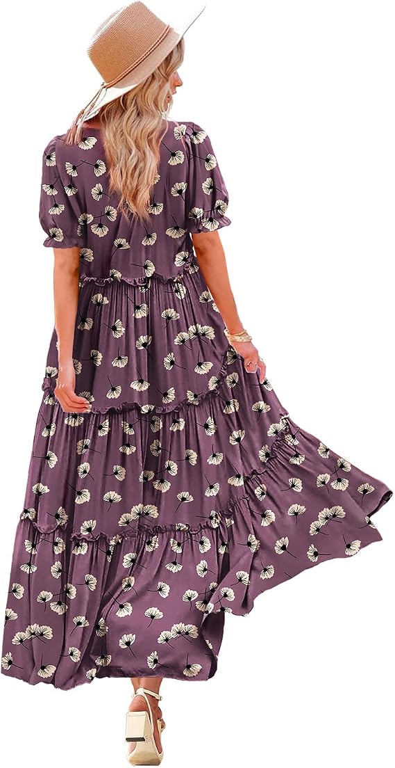 YESNO Summer Casual Bohemian Floral Dresses for Women Puff Short Sleeve Long Maxi Dress with Pockets ETX