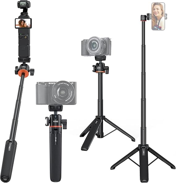 VRIG 21.6" Extension Pole Tripod for DJI Osmo Pocket 4/3,Insta360 Luna Ultra, Mini Selfie Stick Tripod Stand Handle Grip for Insta360 X6/X5,Xtra Muse,Webcam Canon G7X Mark III Sony Cameras Vlogging