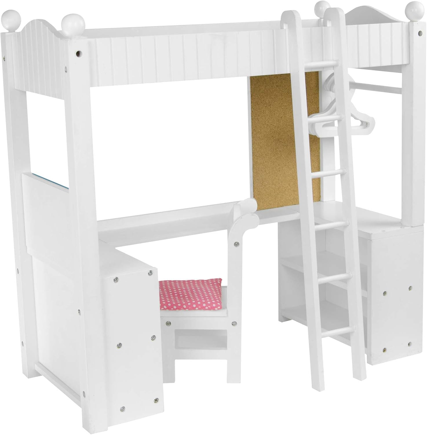 Olivia's Little World Little Princess 18" Doll Wooden Loft-Style Bunk Bed Set with Cushioned Chair, Desk, Hangers, Ladder, and Pink and Purple Bedding, White