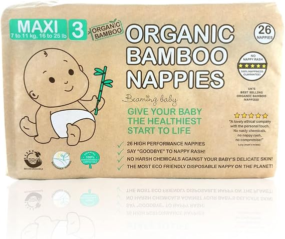 Beaming Baby Organic Bamboo Nappies Size 3, Maxi, 1 Pack of 26 Bamboo Eco Nappies. Eco Friendly Bamboo Diapers for Your Beautiful Baby 3 to 9 Months