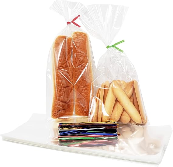 100PCS Cellophane Bags 5x11 inches, Clear Treat Bags with 4 Twist Ties, Plastic Cello Bags - 1.4 mils Thick OPP Rice Crispy Bags for Gift Goodie Favor Candy Cake Pop Birthday Party Cookies (5 x 11)