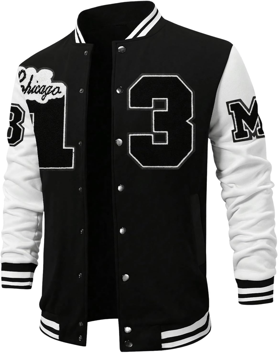 Mens Number Patched Button Up Varsity Jacket Long Sleeve Striped Trim Letterman Baseball Jackets Coat