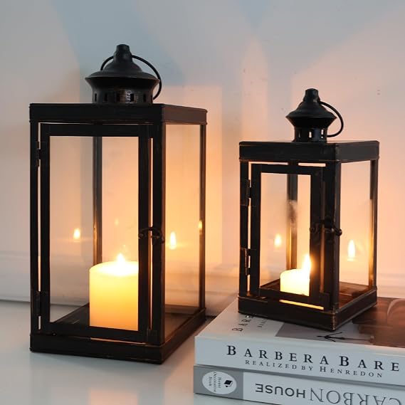 Large Lantern Decorative Outdoor & Indoor, Set of 2 (14&10) Metal Candle Lanterns Decor, Vintage Hanging Candle Holder for Front Porch Patio Wedding Farmhouse Home, Spring Decoration