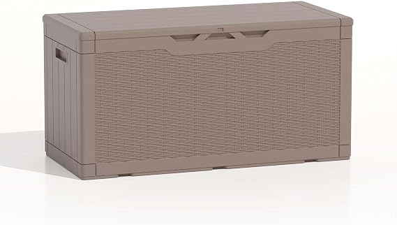 Patiolife 100 Gallon Resin Deck Box, Large Outdoor Storage Box for Garden Tools, Pool Supplies, Waterproof and Lockable, Light Brown