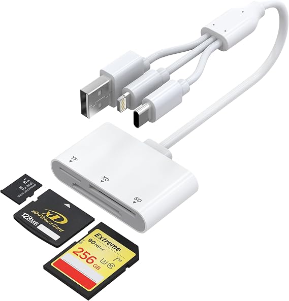 XD Card Reader for iPhone, 3-in-1 SD/TF/XD Card Reader Adapter - Lightning + USB A + USB C XD Picture Card Reader Plug&Play, OTG Memory Card Reader for iPhone 16/15/14/iPad/PC/Android/MAC Supports 2TB
