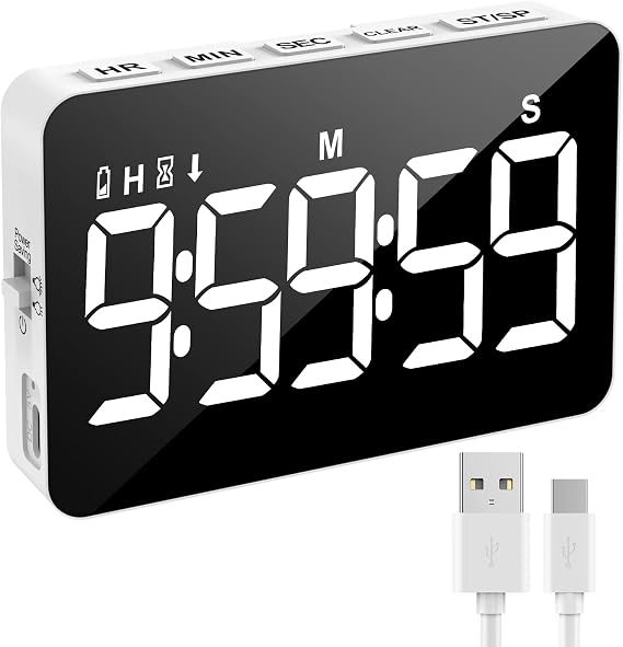 Rechargeable Digital Kitchen Timer for Cooking, Magnetic Timers with Countdown/up, Kids Timer with 5LED Display 3 Brightness 4 Volume Adjustable for Classroom/Office/Home/Work/Study/Fitness/Game