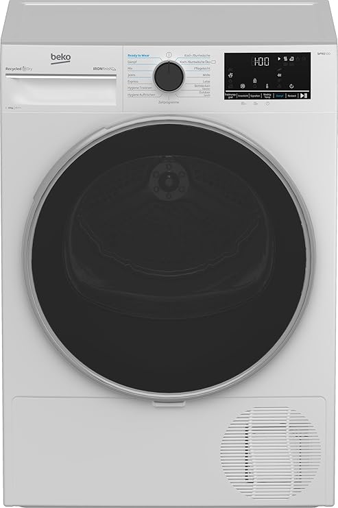 Beko B5T4824IF Tumble Dryer 8 kg Front Load Heat Pump Dryer Suitable for Allergy Sufferers 15 Programmes Steam Function Wrinkle Protection Sensor Drying Silent Program Aquawave Gentle Drum White [Energy Class C]