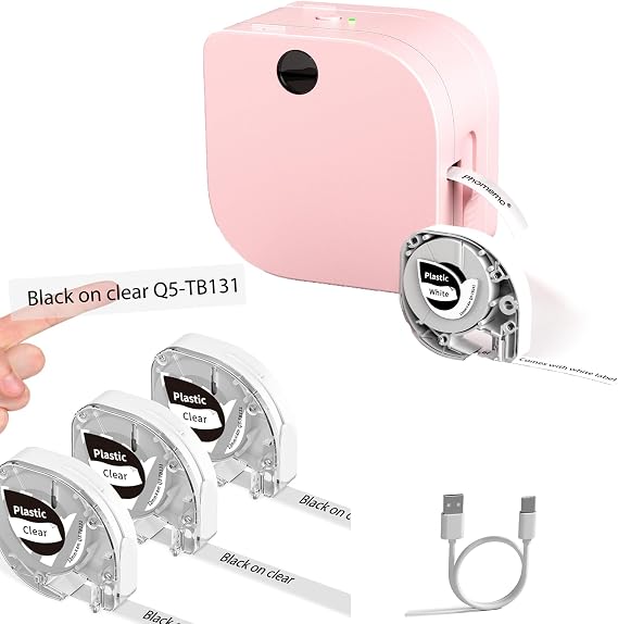 Phomemo Label Maker Machine with 4 Tapes- 3X Clear Label Maker Tape + 1 X Black on White Tape (12MM x4M)