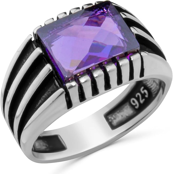 Solid 925 Sterling Silver Luxury Ring for men with Faceted Clear Purple Simulated Amethyst Stone
